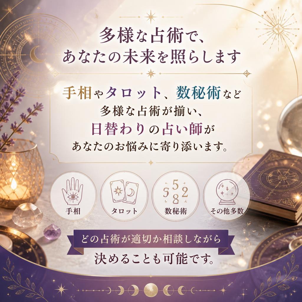 多彩な占術と日替わりの鑑定師