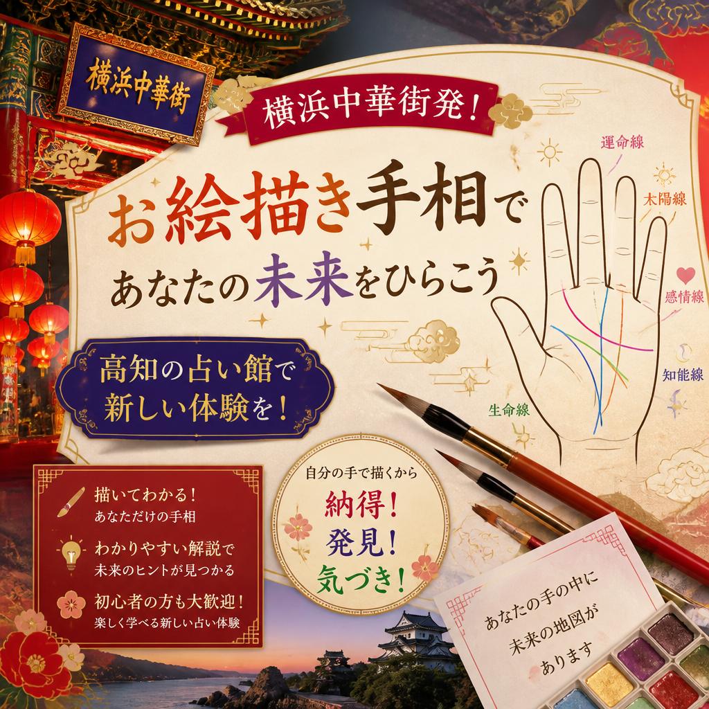 横浜中華街発！お絵描き手相であなたの未来をひらこう、高知の占い館で新しい体験を！